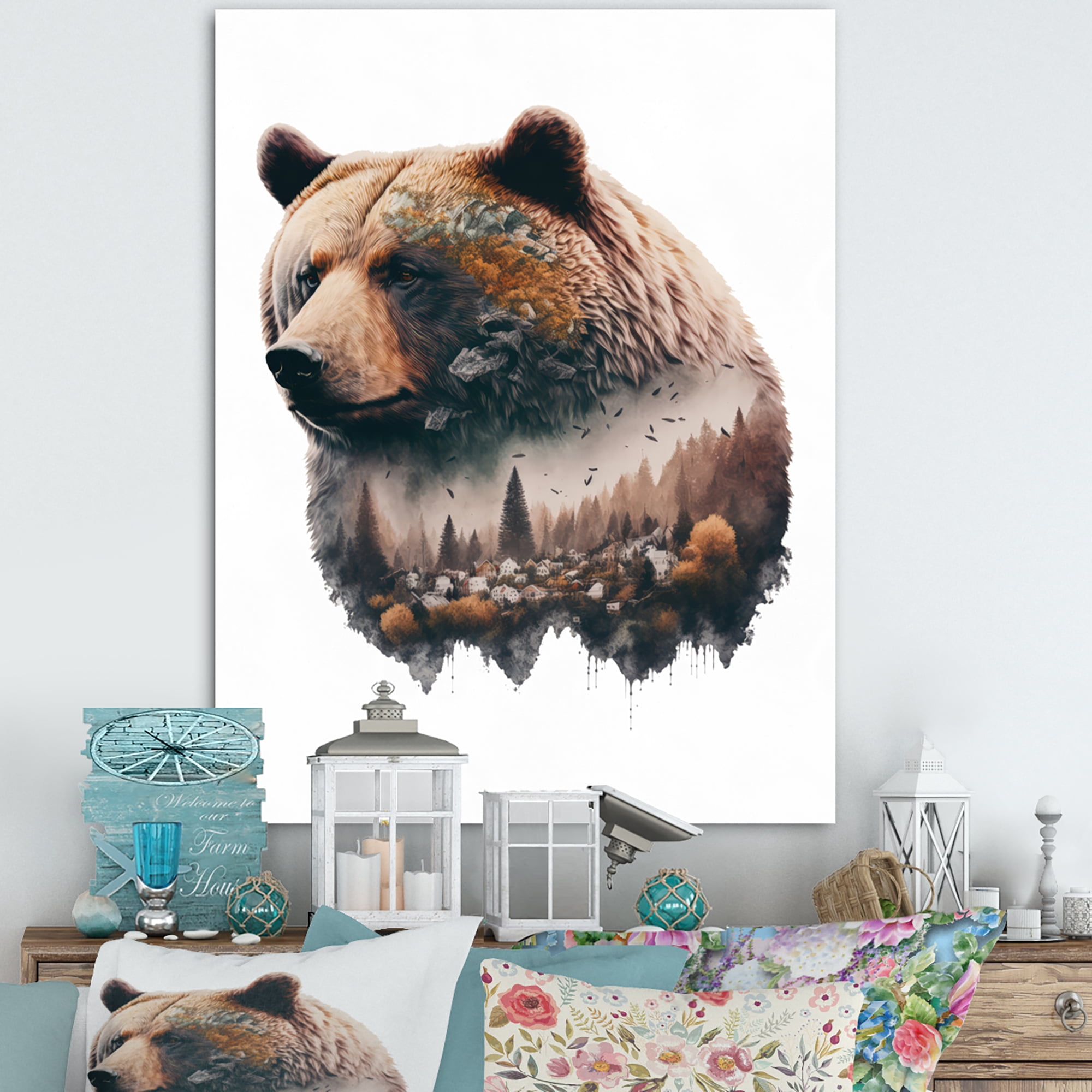 Designart Double Exposure Of A Bear With Forest III Canvas Wall Art