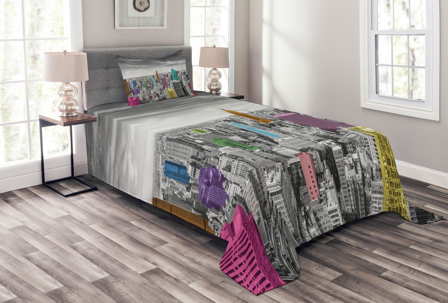 New York Bedspread Set Twin Size, NYC Cityscape Monochrome Photograph