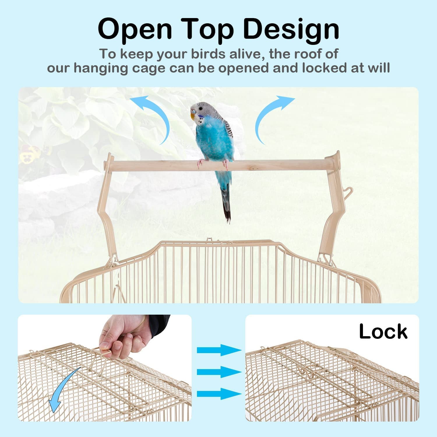 NiamVelo 64-inch Metal Bird Cage with Rolling Stand & Bottom Tray, Pet Storage Shelf Parrot Cage with Open Play Top for Lovebirds & Parakeets, Almond