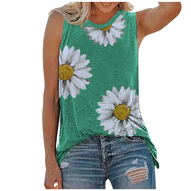 Qertyioot Hauts pour Femmes Hauts d'Été Col Rond Imprimé Marguerite Débardeur Sans Manches T-Shirts Blouse Graphique