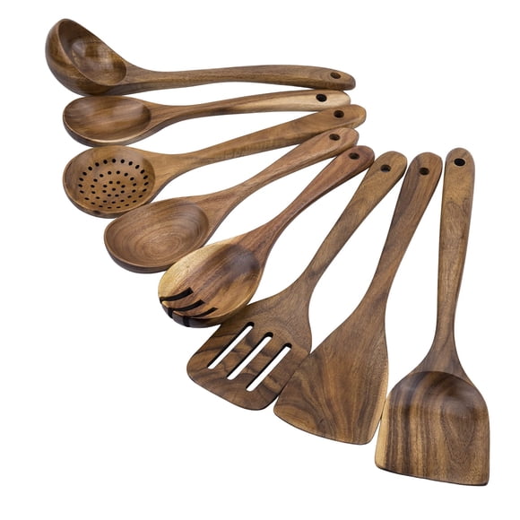 WOODME Kitchen Utensils Set 8 Piece Teak Wooden Cooking Utensil Set Non-Stick Pan Wood Spoons and Spatula Cookware for Home Every