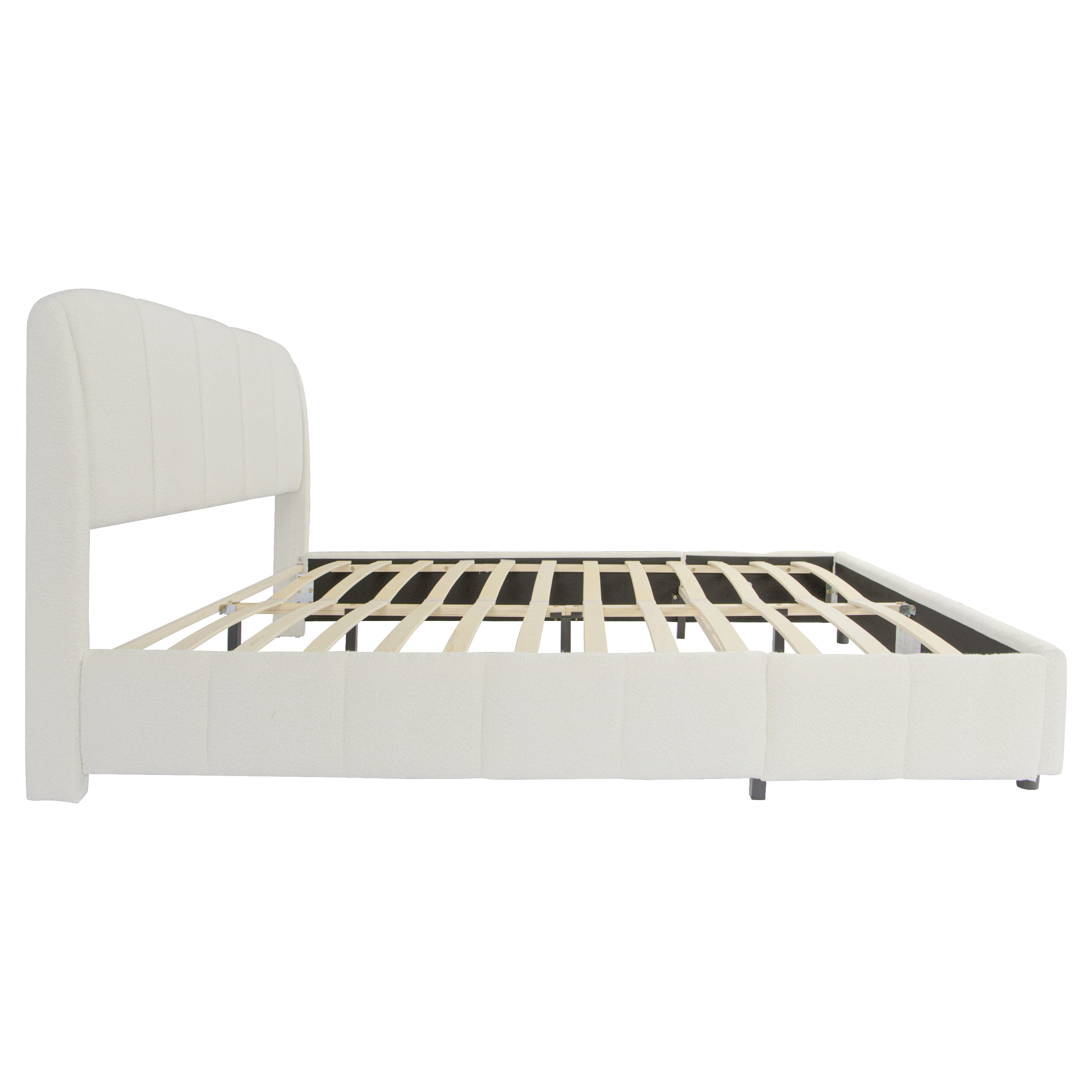 Queen Size Platform Bed with Soft Boucle Fabric, Curved Thick Padded Headboard, Upholstered Bed Frame with Easy Assembly for Bedroom, Beige