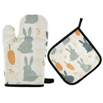 Yayeee Oven Mitts and Pot Holder Set of 2 Heat Resistant Kitchen Gloves Baking Hot Pad, Whimsical Rabbits