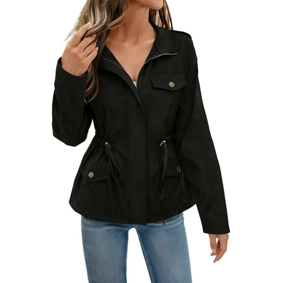 Oplxuo Womens Long Sleeve Jacket Zip-Up Waist Cinched Solid Color Casual Coat Outwear Fall Outfit Shackets