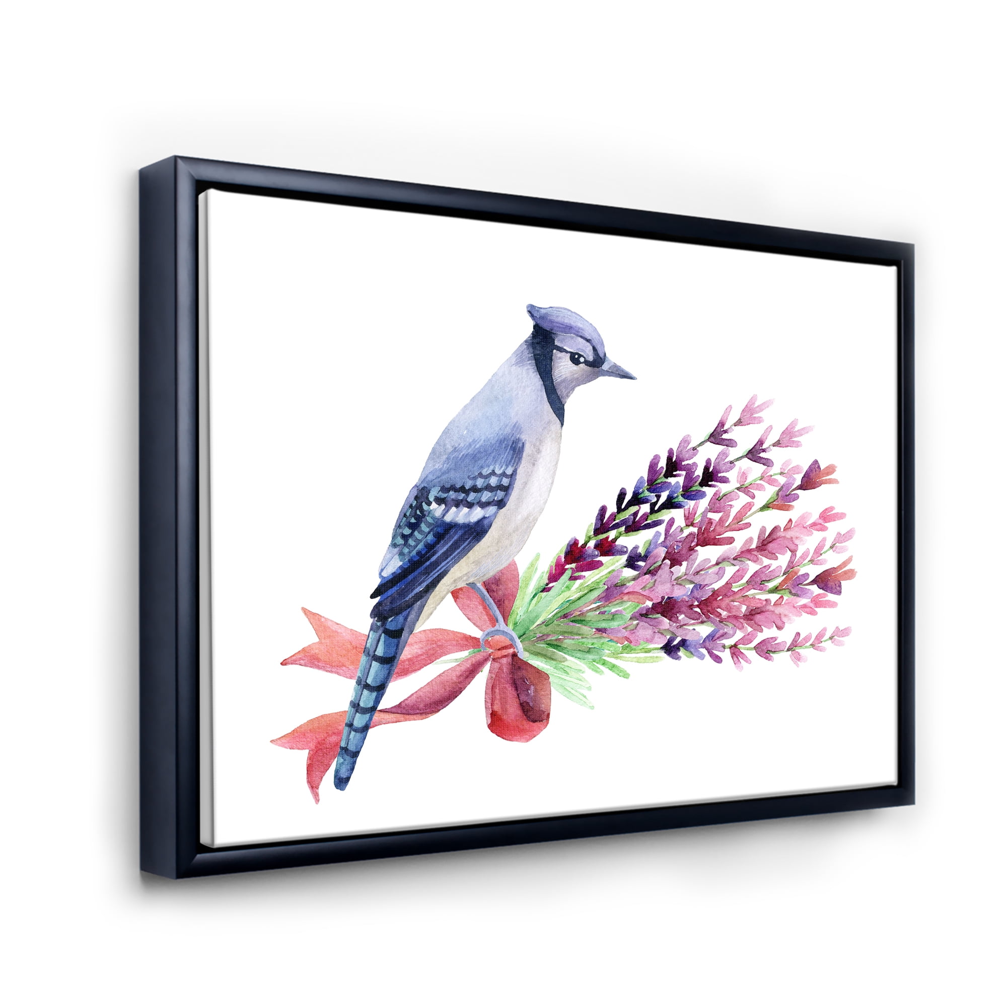Designart 'Blue Jay Bird On Bouquet Of Pink Flowers' Traditional Framed Canvas Wall Art Print