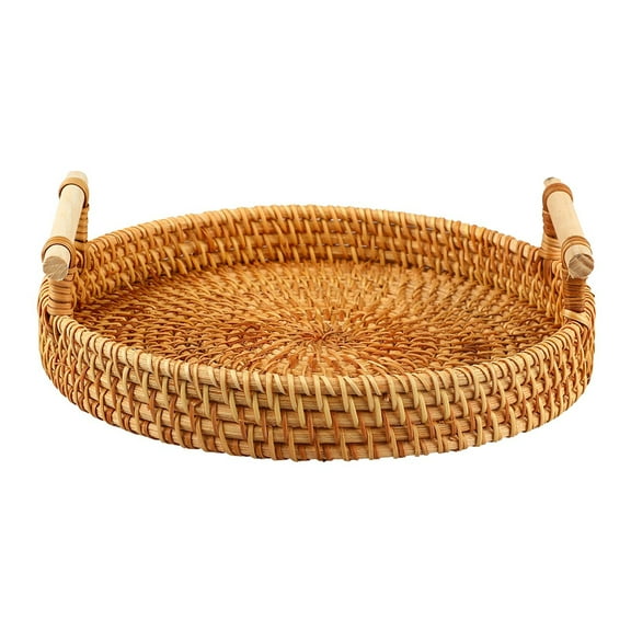 Hand Woven Rattan Serving Tray Decorative Round Rattan Storage Plate with Handles Rustic Breakfast Fruit Snack Coffee Tea Baskets (8.7inch / 22cm)