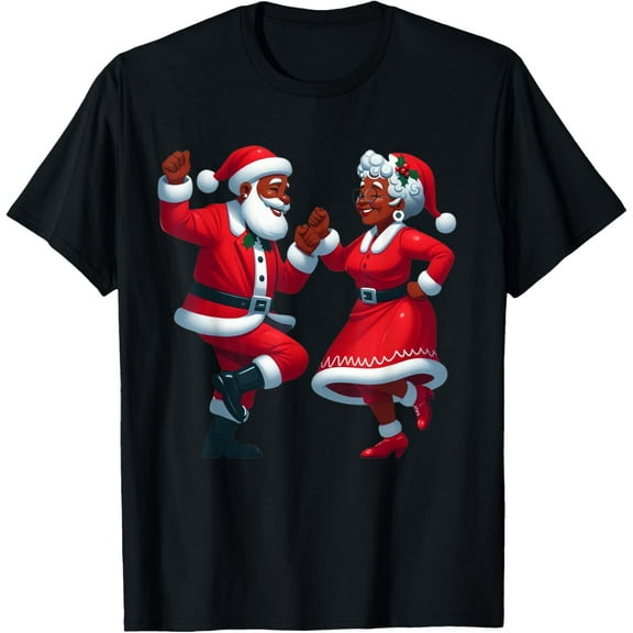 Christmas Dancing Black African American Santa Mrs Claus Adult T-Shirt