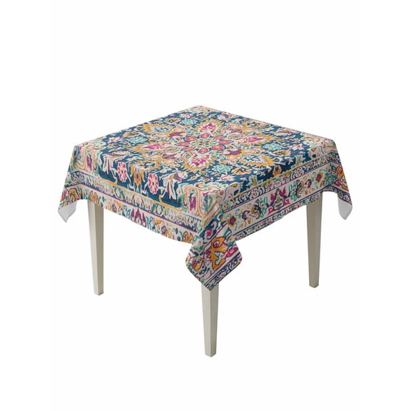 Colorful Boho Table Cloth, Ethnic Vintage Mexican Flowers Southwestern Waterproof Tablecloth for Square Tables, Reusable Washable Fabric Table Cover for Restaurant Kitchen Dining Tables 60"x60"