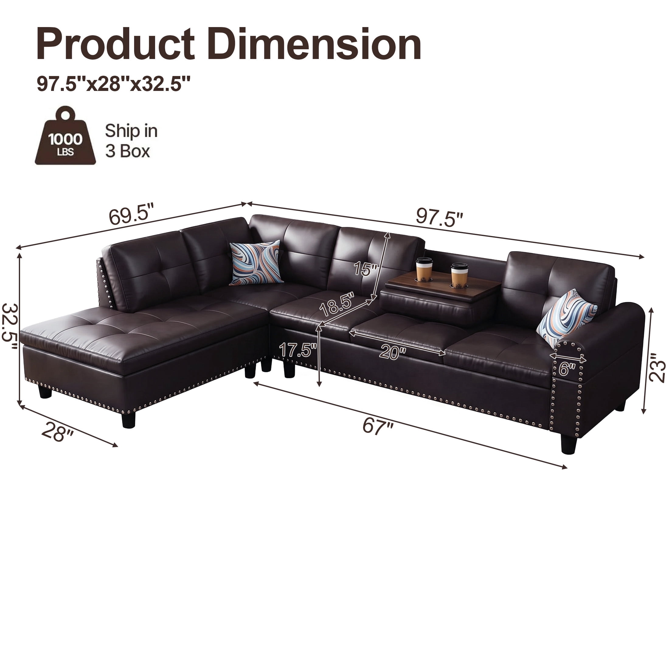 AENKYO 98" L-Shaped Sectional Sofa with Reversible Chaise and Cup Holders, Faux Leather, Brown