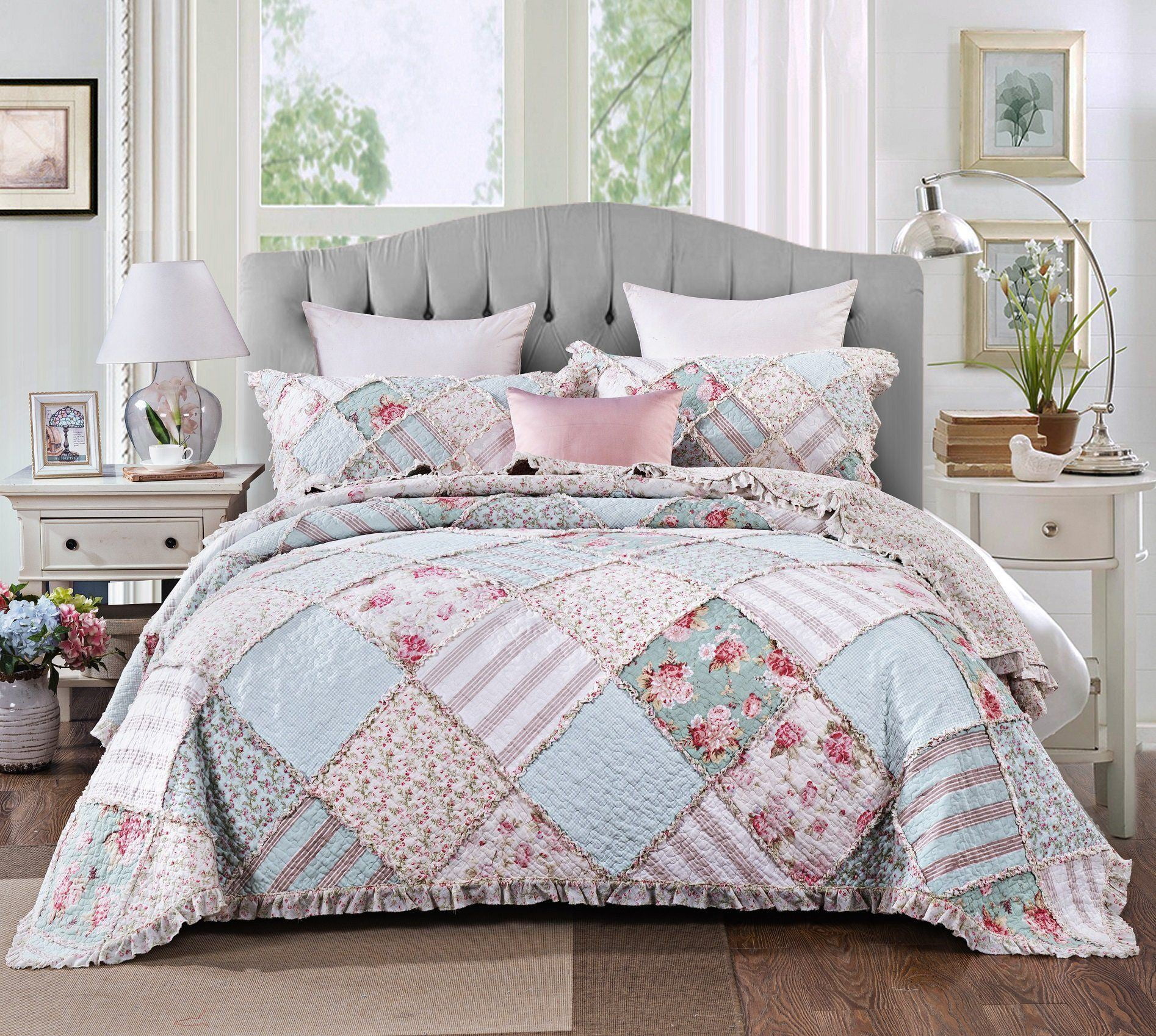Bedspread Greta Pastel Floral 100%Cotton Reversible Quilt Set Coverlet 