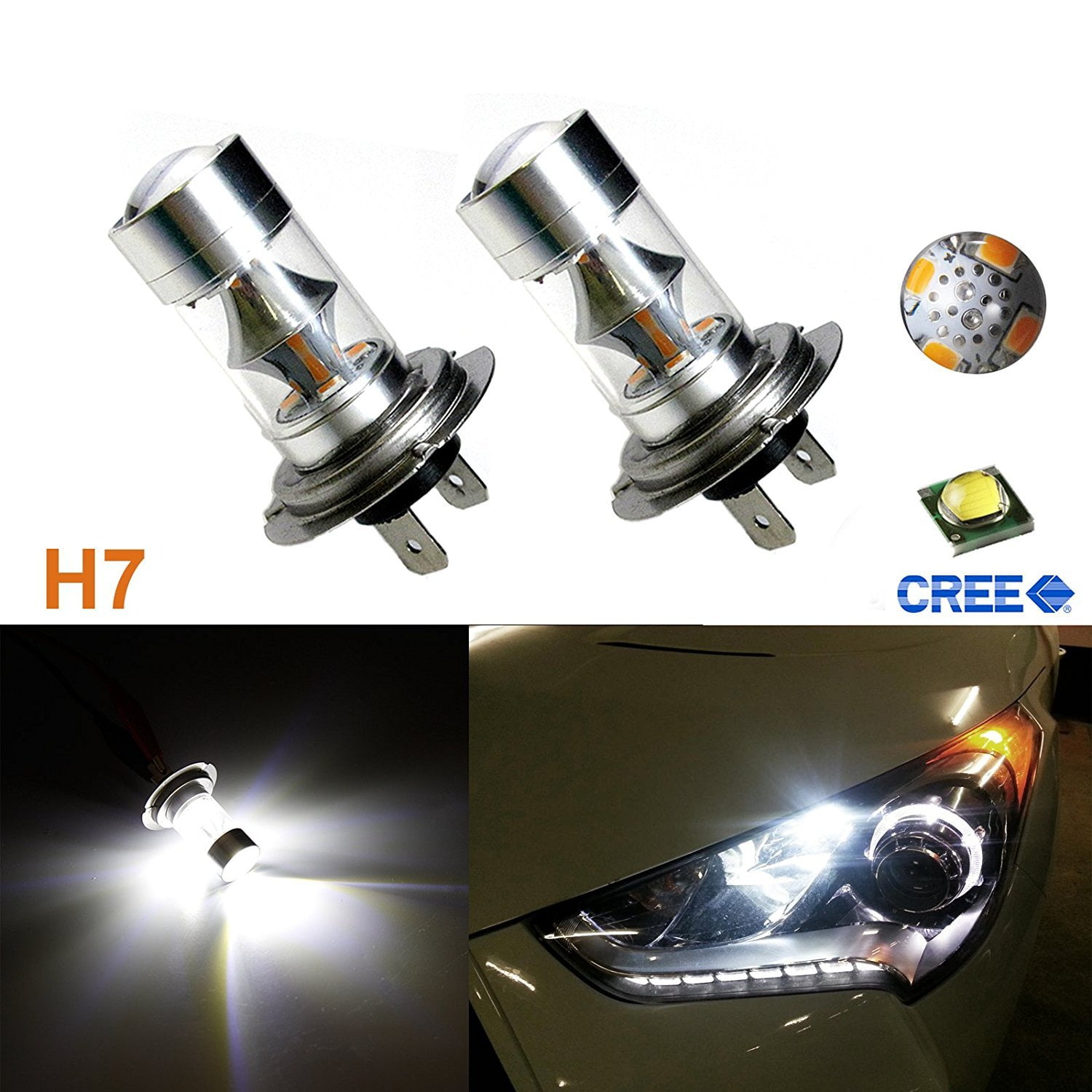Xotic Tech 2x High Power White 100W CREE H7 LED Bulbs For Hyundai High