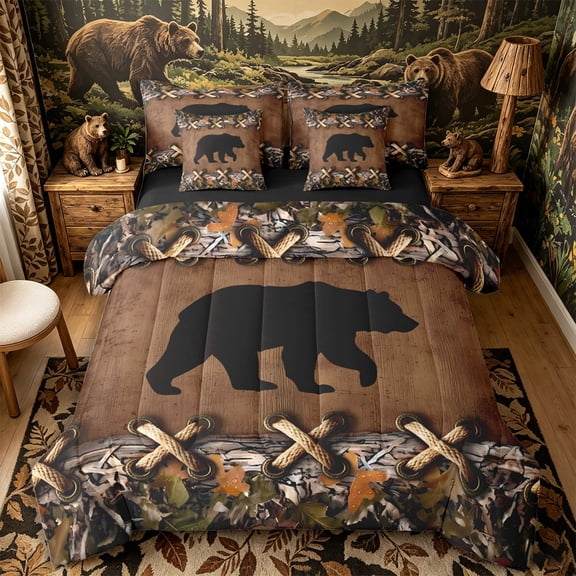 Castle Fairy Rustic Black Bear 7-Piece Twin Bedding,Camo Autumn Leaves Bedding Comforter Set,Brown Khaki Black,Black Reversible