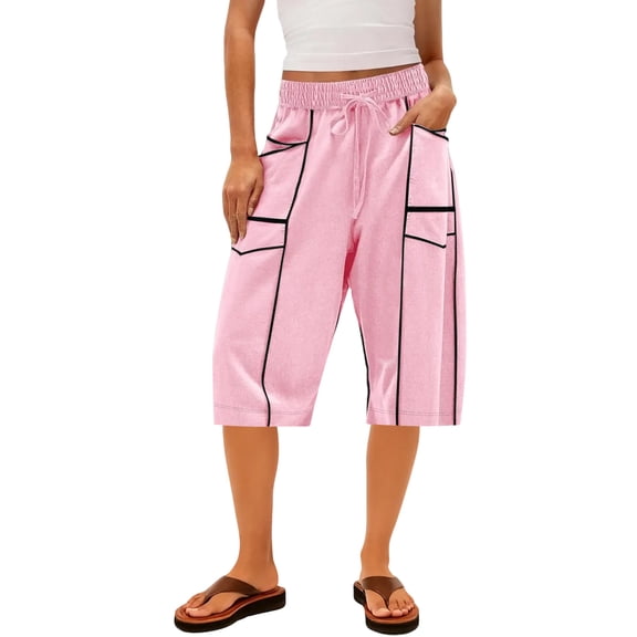 BOMYJESK Women Shorts High Waisted Drawstring Knee Length Long Shorts Casual Baggy Sweatshorts 2026 Summer Athletic Shorts with Pockets Pink M