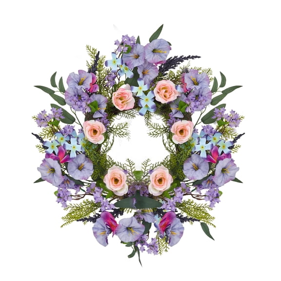 20 Inch Artificial Trumpet Rose Wreath – Purple & Pink Spring Summer Fall Winter Door Decor – PVC PE Farmhouse Wall Wreath for Indoor Outdoor Use – Lifelike Floral Design