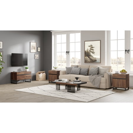 Modern 3-Piece Living Room Set, 35 Inch TV Stand And 2 End Table Sets With Drawers, Media Console with Storage Shelves, Sturdy Wood Frame & Metal Legs, Contemporary Furniture for Living Room,Brown