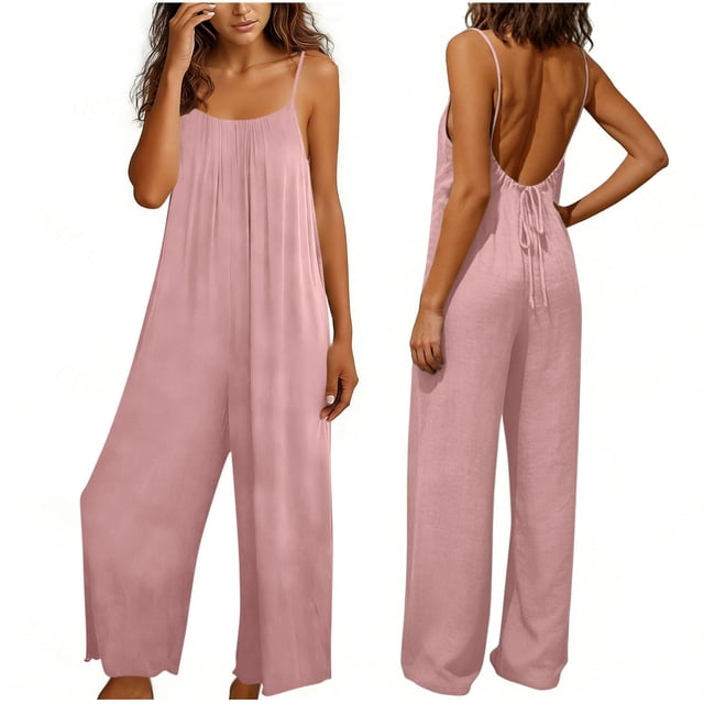 TaTaai Women Fashion Solid Color Backless Cami Jumpsuit Long Cotton Linen Casual Wear Ladies Fitness Daily Lounge Wear Breathable No Fading Versatile Outfit Gift