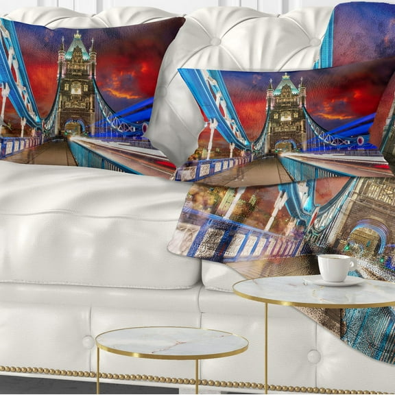 Designart Storm Over Tower Bridge at Night - Cityscape Photo Throw Pillow - 12x20