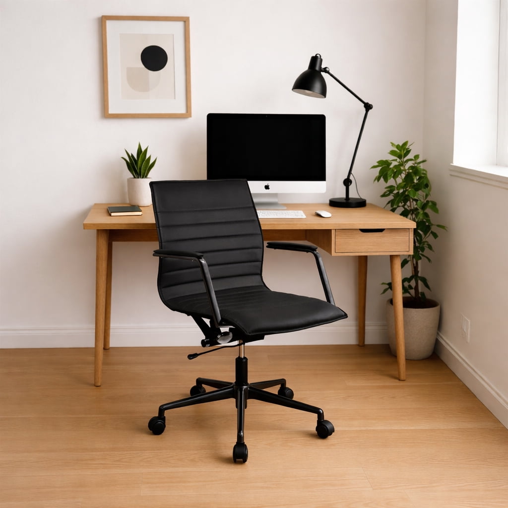 2xhome Modern Office Desk Chair | PU Leather Ribbed Back | Adjustable Height, Tilt Lock, All Black, Set of 1, 1 piece