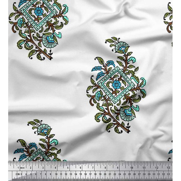 Soimoi Silk Fabric Leaves & Floral Block Printed Fabric 1 Yard 42 Inch Wide