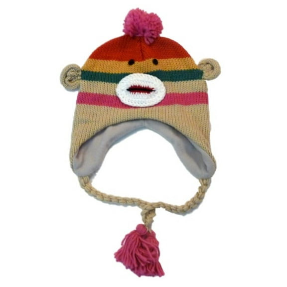Manhattan Hat Company Womens Pink Striped Sock Monkey Pom Trapper Hat