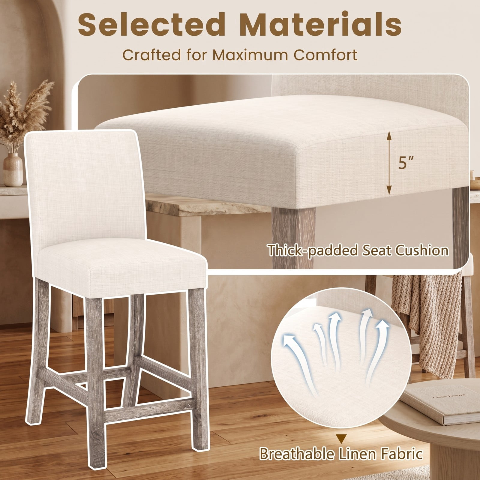 Furnibear Counter Height Bar Stools Set of 2, 24.5 Inch Upholstered Linen Kitchen Island Stools with Backrest and Footrest, Rubber Wood Frame Dining Chairs for, Beige