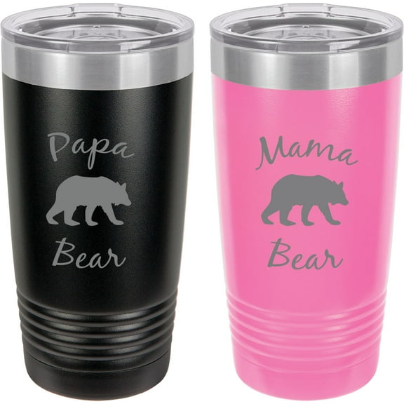 Papa Bear - Mama Bear Stainless Steel Engraved Insulated Tumbler 20 Oz Travel Coffee Mug, Black/Pink