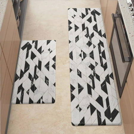 

Anti Fatigue Kitchen Mat Black And White Marble Tiles Sets of 2 Kitchen Rugs Non Slip Cushioned Standing Mat for Sink Floor Laundry Office Desk Mid 17.3 x 29 + Ultra 17.3 x 70.8
