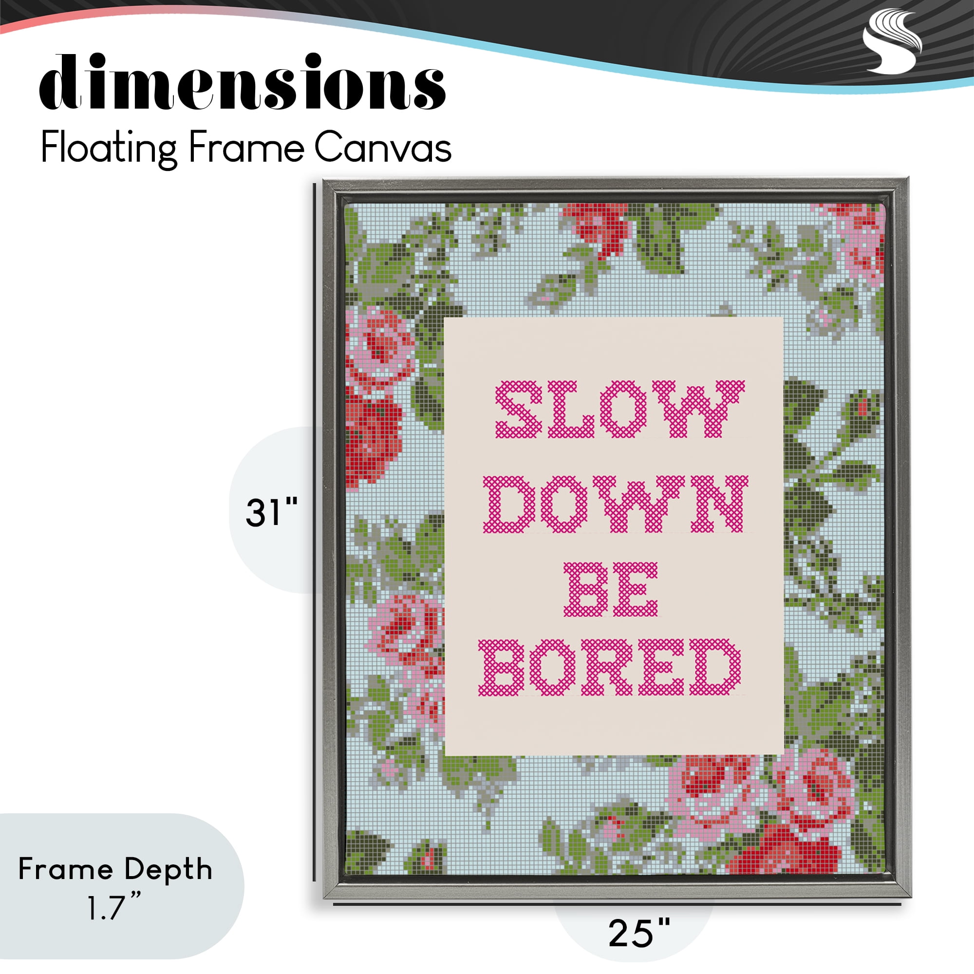 Stupell Industries Slow Down Be Bored Faux Cross Stitch Gray Framed Floater Canvas Wall Art, design by Lil' Rue
