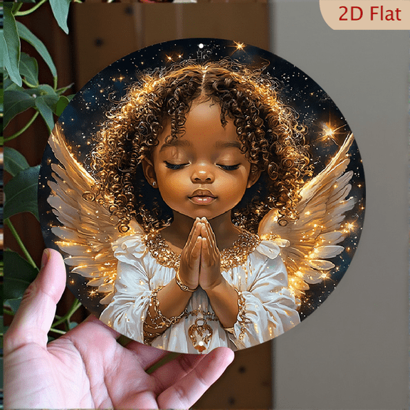 Angel Child Wall Art Round Metal Decor, 8x8 Inch Ethereal Religious Portrait Print, Divine Curly Haired Cherub Illustration for Nursery or Living Room Wall Hanging