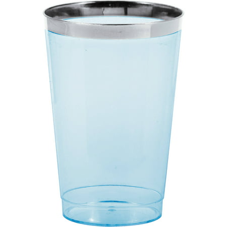 Silver Rimmed Blue Plastic Glass, 12 oz, 8pk