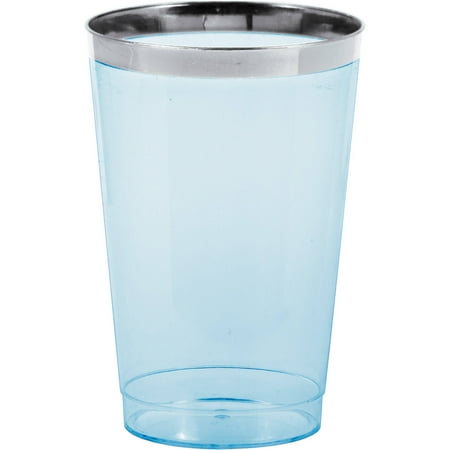 Blue Fused Glass - Silver Rimmed Blue Plastic Glass, 12 oz, 8pk