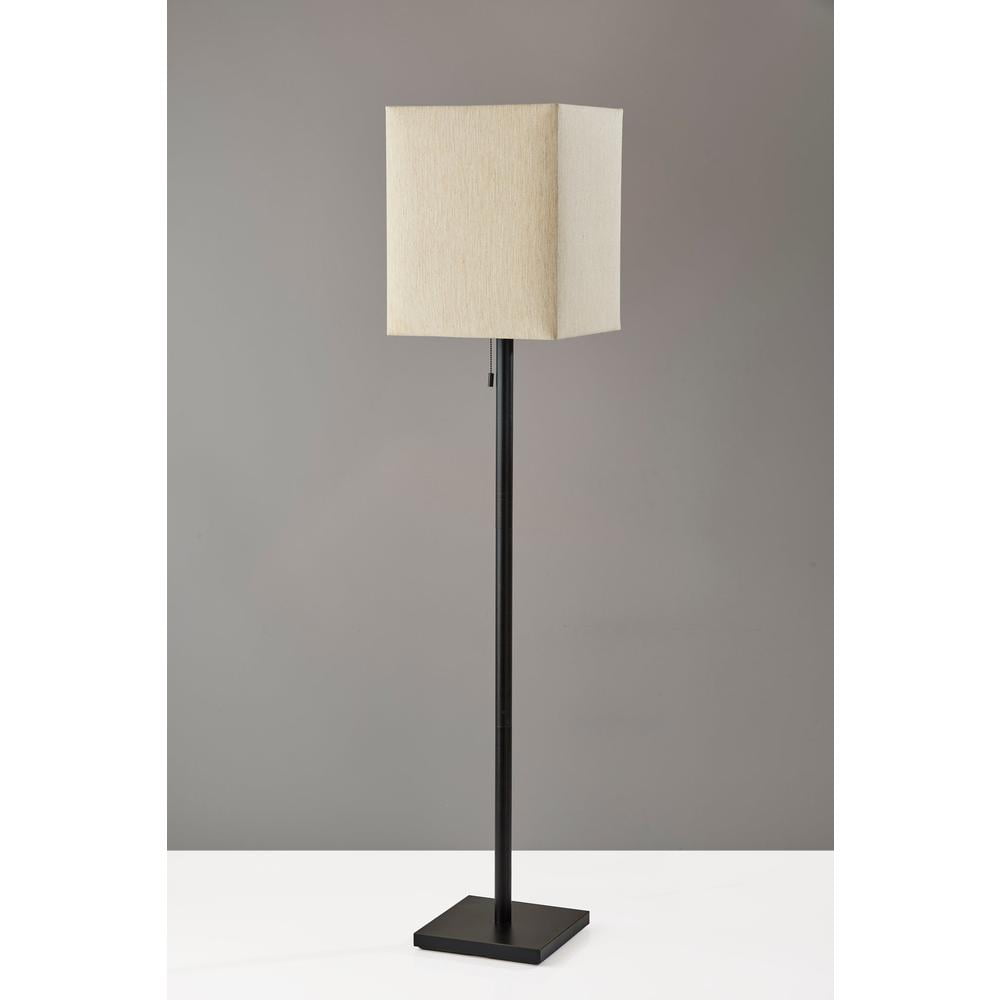 Adesso Estelle Floor Lamp, Antique Bronze, Light Brown Textured Fabric Shade