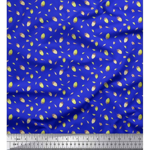 Soimoi Blue Velvet Fabric Oaknut & Oak Leaves Print Fabric by The Yard 58 Inch Wide