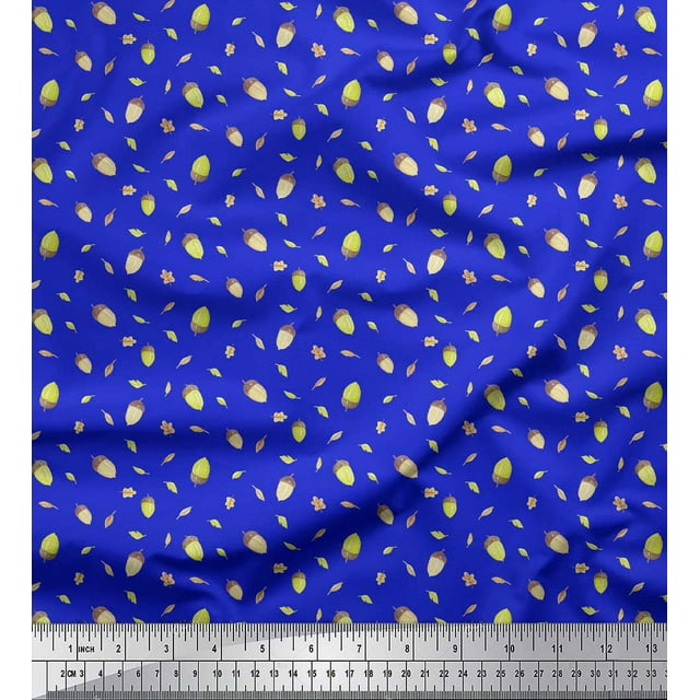 Soimoi Blue Rayon Fabric Oaknut & Oak Leaves Print Fabric by The Yard 56 Inch Wide