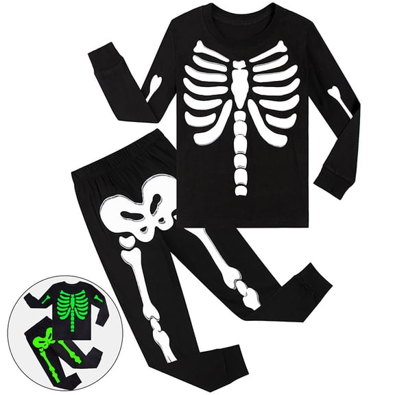 UJNDER Boy'S Glow In The Dark Crew Neck Long Sleeve Cartoon Print Top With Long Pants Two Piece Pajama Set For Kids Halloween Halloween Pajamas,Black,3-4 Years
