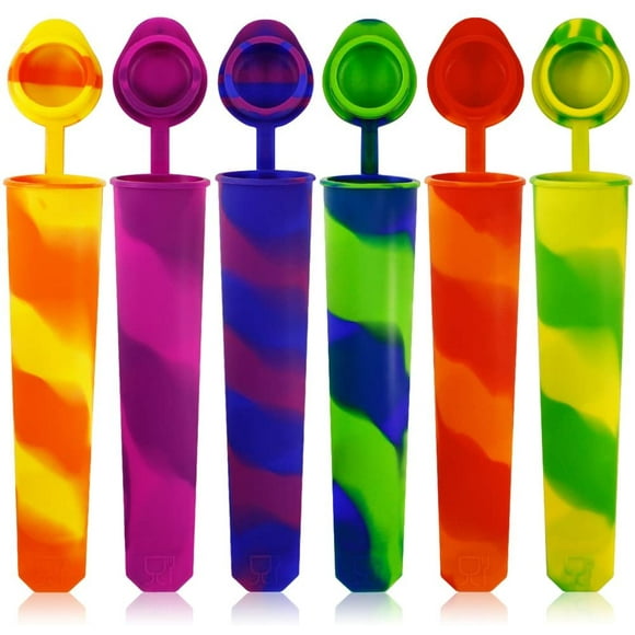 Silicone Ice Pop Molds Set of 6, Mold Colored Rainbow Swirl Ice Popsicle Mold Maker with Attached Lids. (Asorted Color)