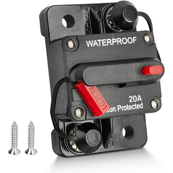 20A Circuit Breaker Holder with Manual Reset Switch 12-48V DC for Boat Trolling Motors Marine ATV Trailers Vehicles Stereo Audio Electronics Battery Fuses Solar Systems, 20 Amp Screws