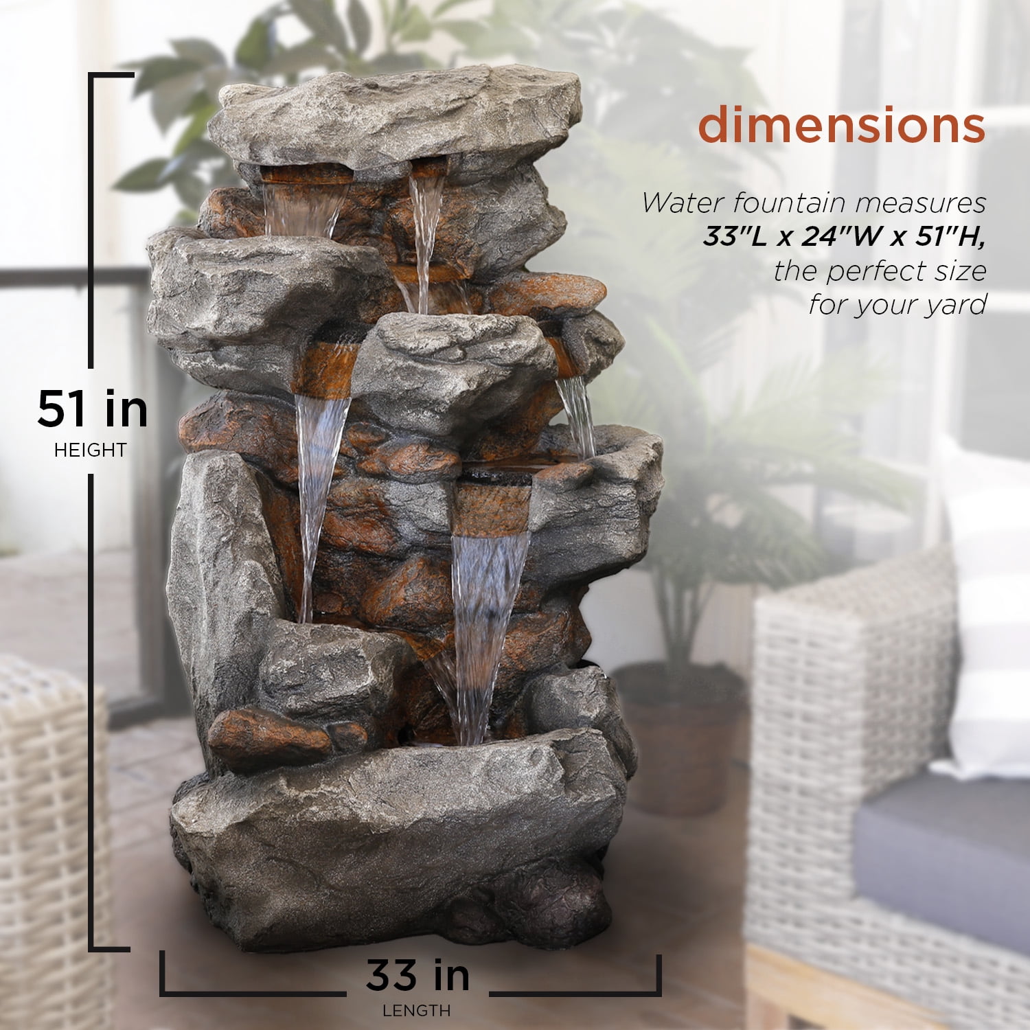 Alpine Corporation Outdoor 5-Tier Rainforest Rock Water Electric Fountain with LED Lights