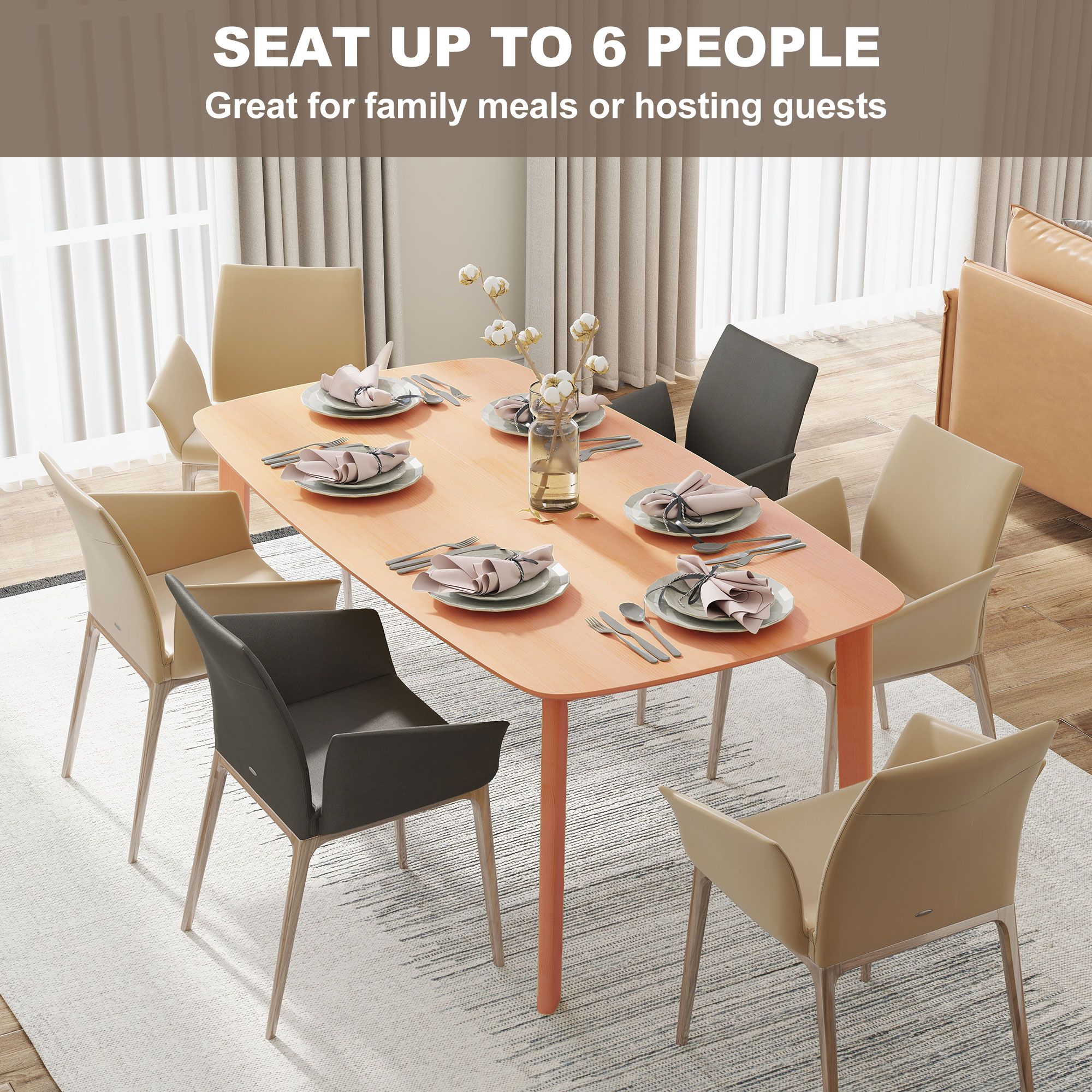 47.2" Rectangle Rustic Dining Table for 6 People, Solid Pine Wood Frame Dinner Table with Round Safety Corners, Non-Slip Foot Pads Supports 66 LBS for Kitchen Dining Room