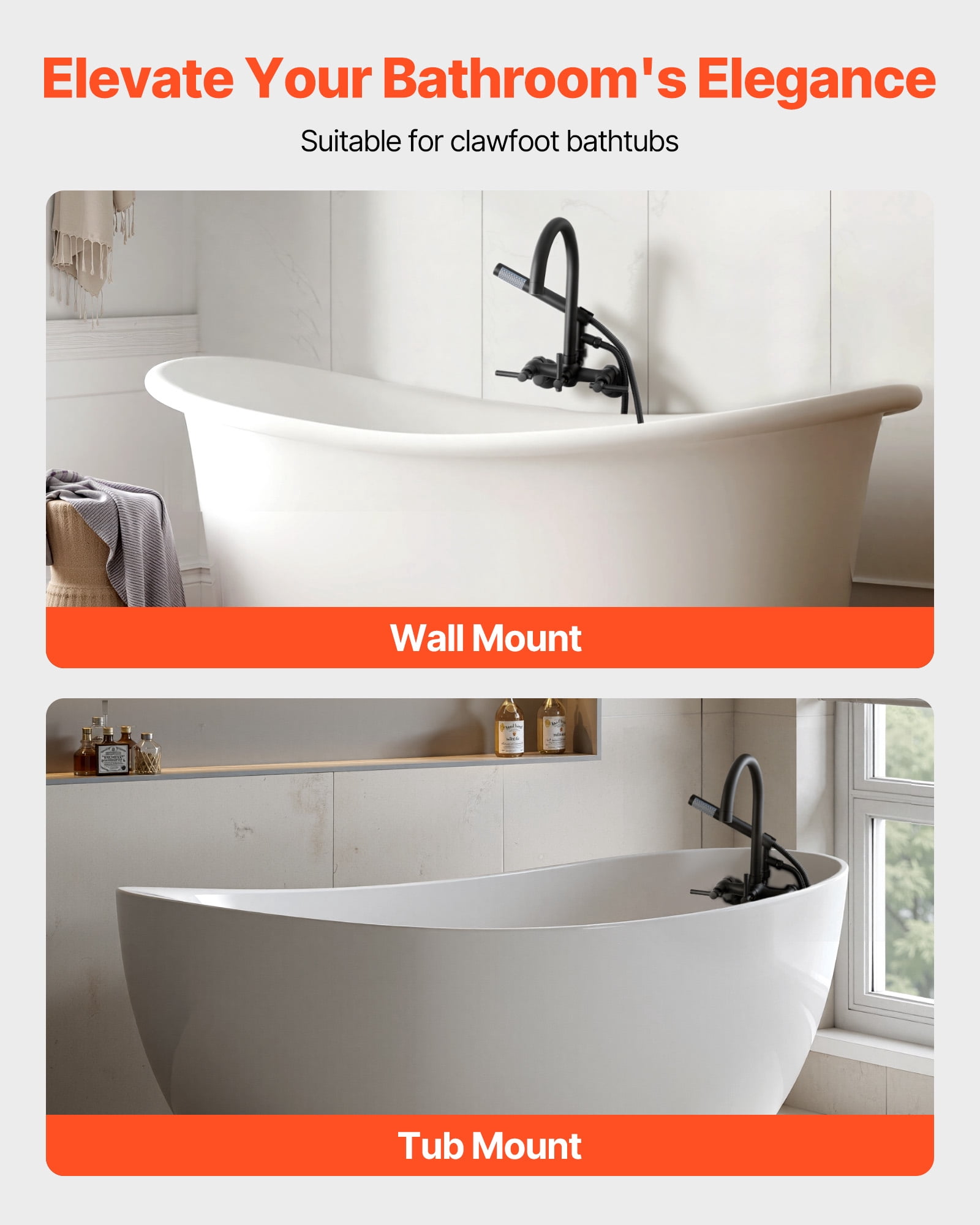 VEVOR Clawfoot Tub Faucet, Wall-Mounted Bathtub Faucet with Handheld Shower, Vintage Matte Black Clawfoot Tub Filler Shower Kit with Adjustable Swing Arms & Rotatable Gooseneck Spout for Bathtubs