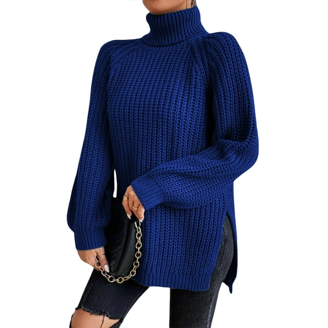 EYIIYE Chandail d'Automne Hiver pour Femmes à Manches Longues Col Roulé Tricoté chandail Couleur Unie Ourlet Fendu Long Tricoté Ample Décontracté Confortable