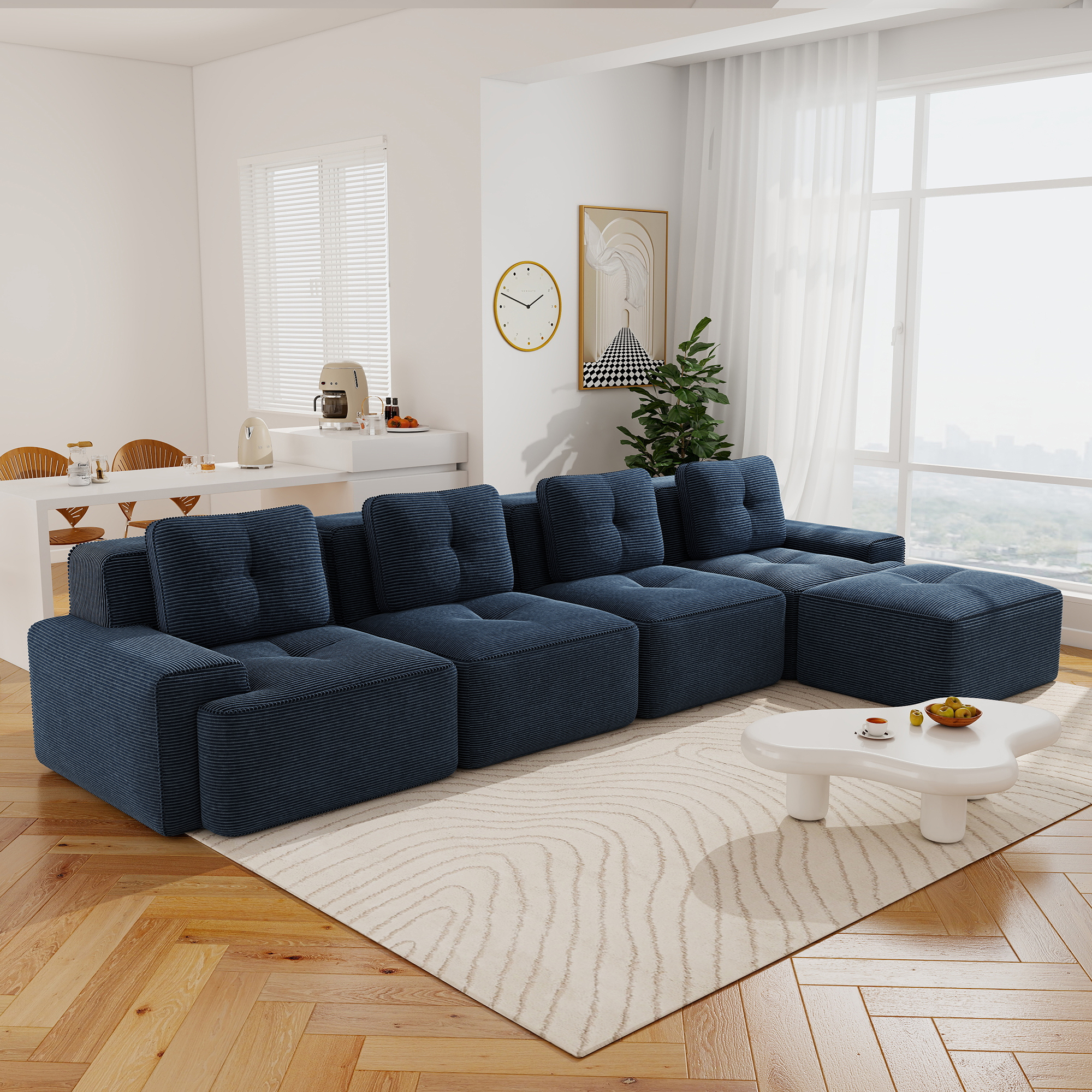 Aukfa 5-Piece Tufted Modular Corduroy Sectional Sofa with Ottoman for Living Room, 128.5" Width 4-Seat Sofa, Blue