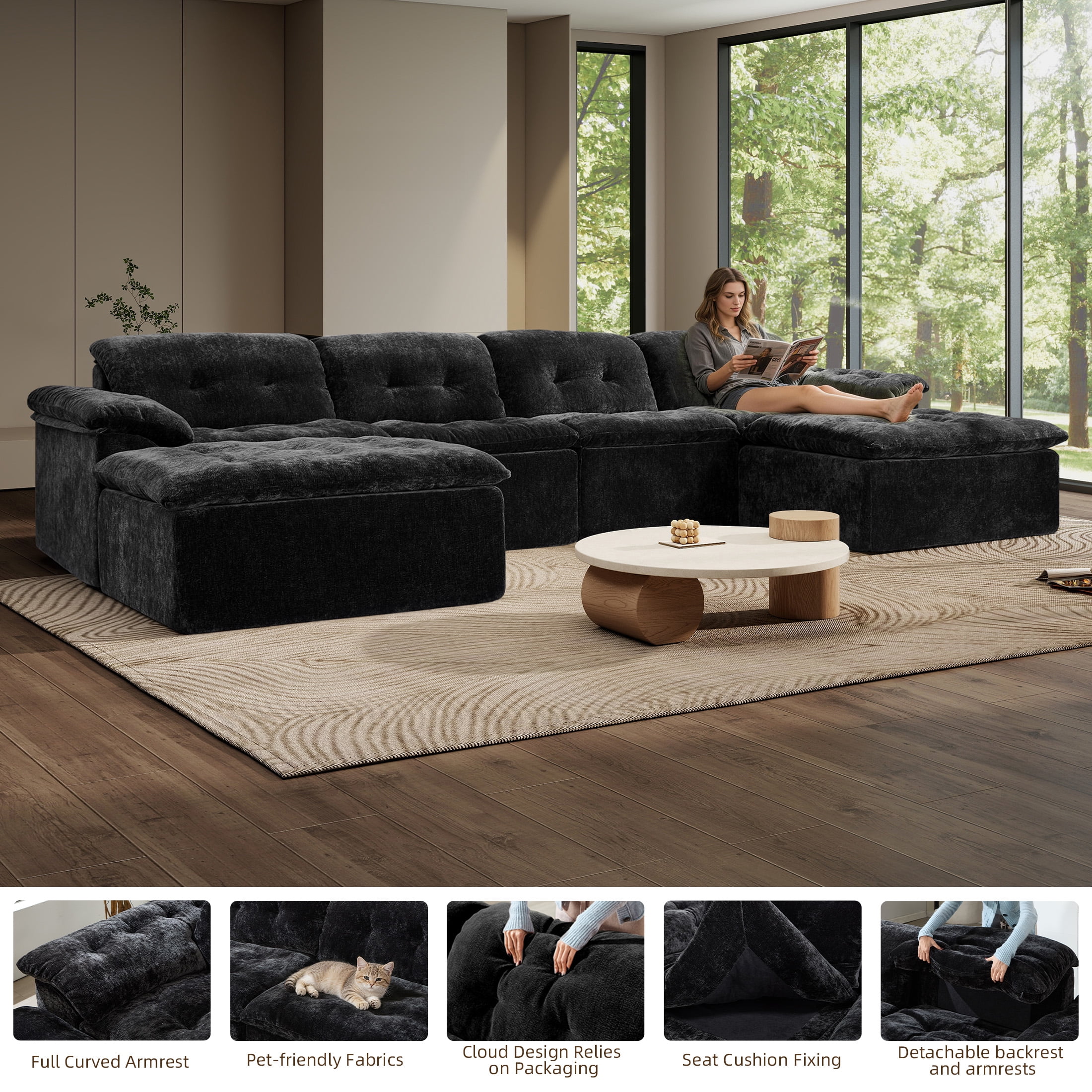 Aukfa 6-Piece U-Shaped Modular Sectional Sofa with 2 Ottomans for Living Room, Ice Flower Chenille, Black