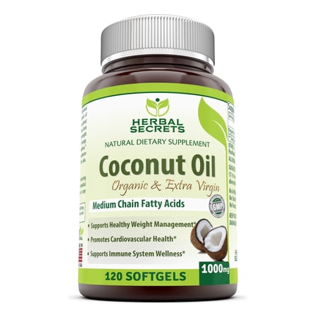Herbal Secrets Organic & Extra Virgin Coconut Oil Dietary Supplement - 1000mg - 120 Softgels (Non-GMO) - Weight Management & Immune System Support - Promotes Heart Health*