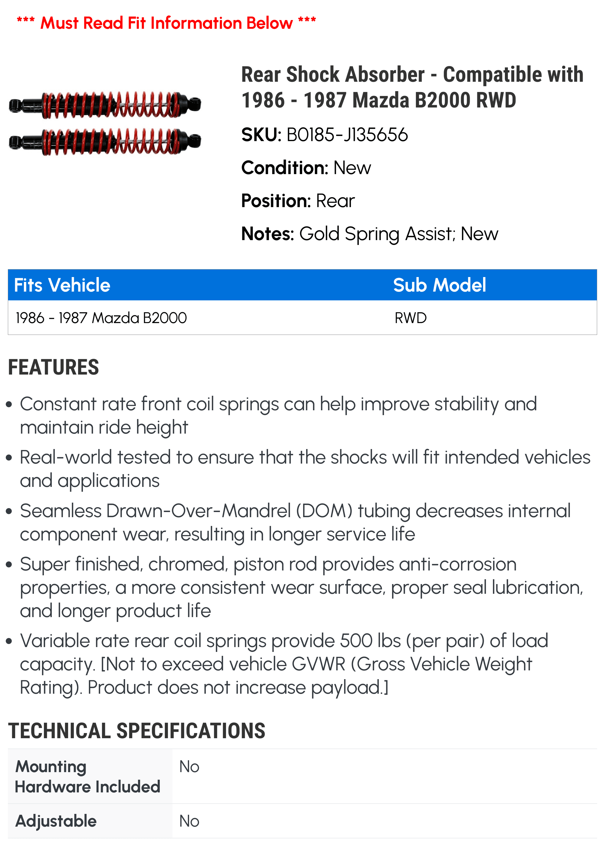 Rear Shock Absorber - Compatible with 1986 - 1987 Mazda B2000 RWD