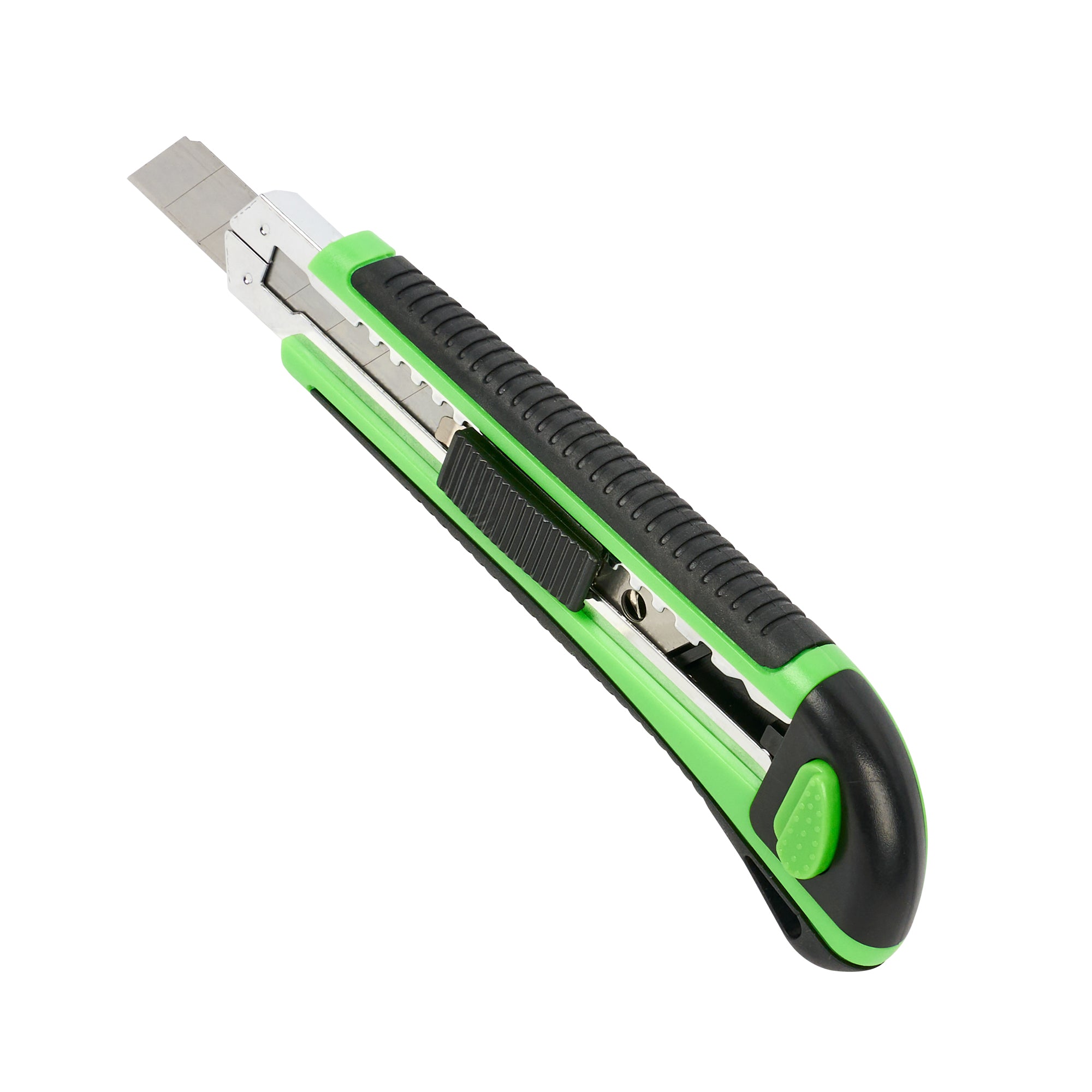 Restaurantware-Handy Tek 6.7 Inch Snap Off Blade Knives, 12 Retractable Box Cutters - Includes 36 Sharp Blades, 18mm Wide, Green Plastic Auto Loading Utility Knives, No-Slip Handle, Built-In Lock