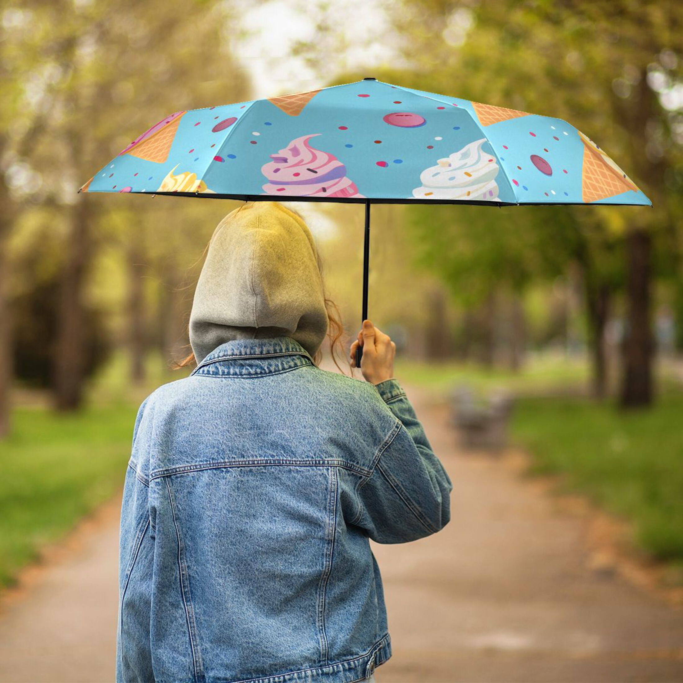 Cartoon Ice Cream Compact Sun Umbrella Windproof Travel Umbrellas for Rain Strong Portable UV Protection