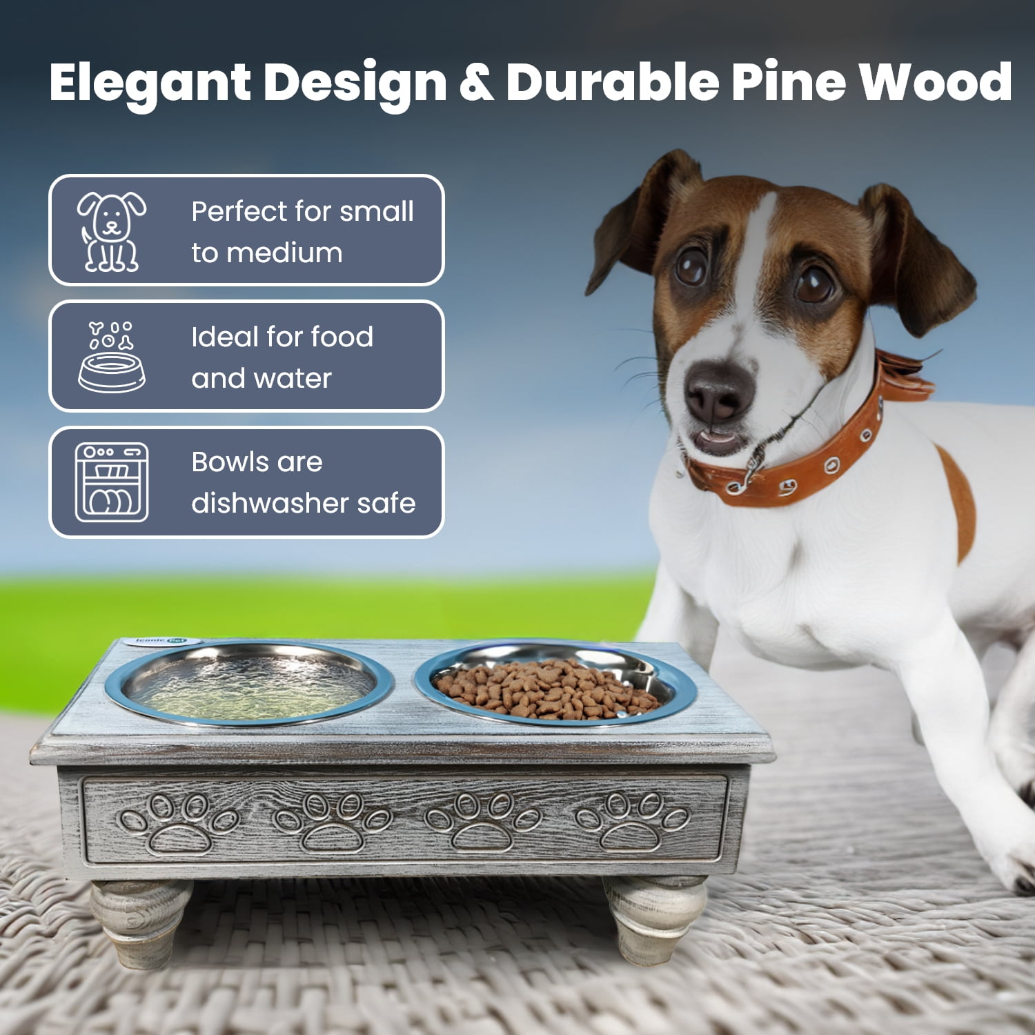 Iconic Pet Raised Wooden Pet Double Diner with Stainless Steel Bowls - Antique Gray - Medium
