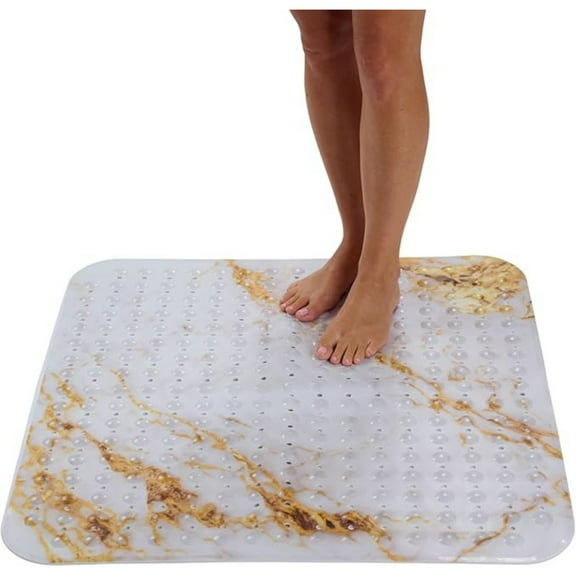 Extra Large Square Non Slip Shower Mat - 31 x 31-inch XL Bathroom Shower Mat - Square Shower Matts for Shower Stall Floors | Secure Suction Cups and Drain Holes (31x31 Marble White Gold)