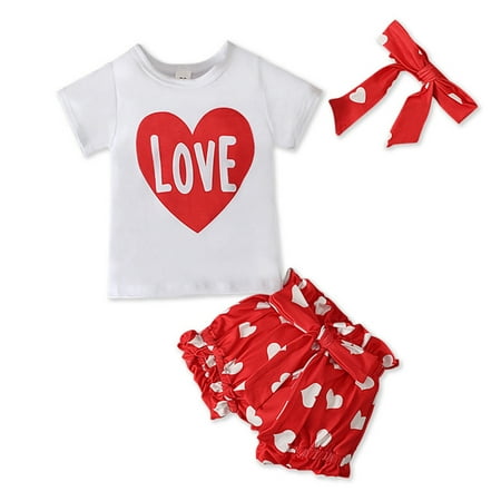 

XINSHIDE Baby Girls Set Summer T-Shirt Tops+ Heart Pattern Shorts Headband Outfits Clothes Set Baby Clothing